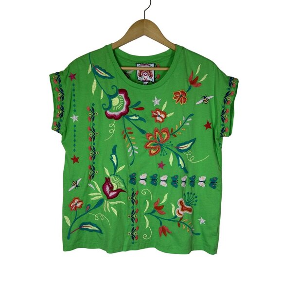 Johnny Was Averi Relaxed Tee Womens Size M Heavily Embroidered Boho Artsy Green - Picture 4 of 9